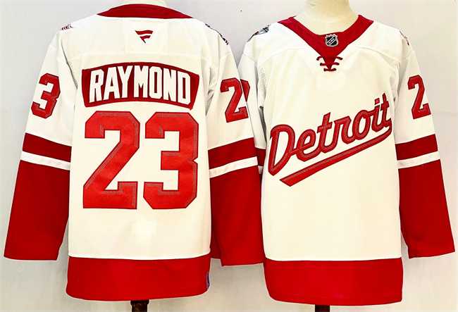 Men%27s Detroit Red Wings #23 Lucas Raymond White Red 2024-25 Stitched Jersey